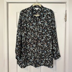 J Jill Floral Print Black Blue and Green Button Up Blouse